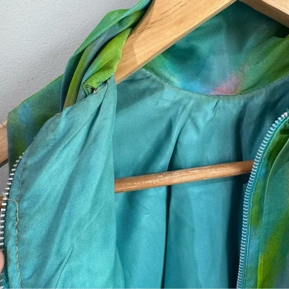 Vintage 60s Irving Nadler Watercolor Shift Dress S/M Green Sleeveless Ruffle Mod - Picture 11 of 12